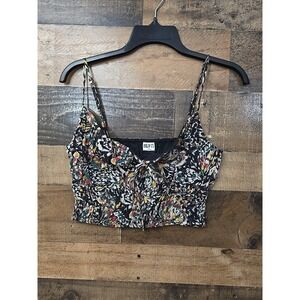 Floral Crop Top Bila77 Black Women XS Summer Festival Beach Coastal Smocked Boho